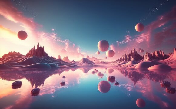 sky and unnatural landscape. Surreal futuristic background. Ethereal magic world
