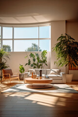 Architectural photography of a modern living room, the sun shines through the window, professional color grading, soft shadows, no contrast, clean sharp focus, film photography. AI generative