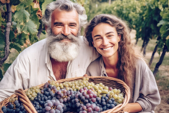 Happy smiling couple holding a wicker basket full of grapes in the vineyards in tuscany