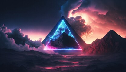 Abstract futuristic background Fantastic landscape with glowing geometric triangle