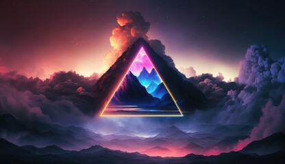 Abstract futuristic background Fantastic landscape with glowing geometric triangle