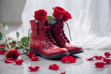 Luxury glamour red woman`s shoe. Super photo realistic background, generative ai illustration.