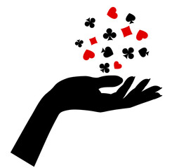Black silhouette of a female hand palm up with flying symbols of playing card suits isolated on white. Vector illustration 