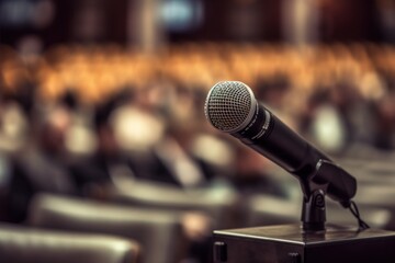 A microphone in front of a conference seminar audience