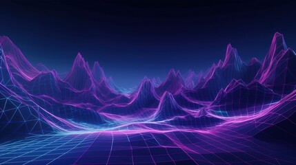 Fototapeta na wymiar abstract virtual reality violet background, cyber space landscape with unreal mountains. Neon wireframe terrain