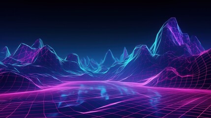 abstract virtual reality violet background, cyber space landscape with unreal mountains. Neon wireframe terrain