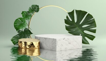modern premium background. White and gold cobblestone podium and rock platform, green tropical leaves and reflection in the water. Abstract showcase scene for product presentation