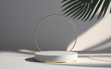 abstract modern minimal white background with golden rings, empty pedestal and palm leaf shadow. Vacant minimalist fashion podium. Trendy showcase with empty platform for product displaying