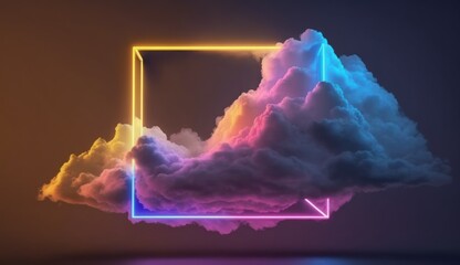 abstract minimal background with pink blue yellow neon light square frame with copy space, illuminated stormy clouds, glowing geometric shape