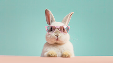Portrait photo of rabbit wear sunglasses.