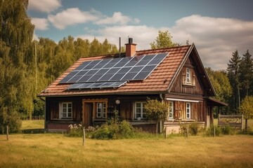 Obraz premium Country house with solar panels on the roof