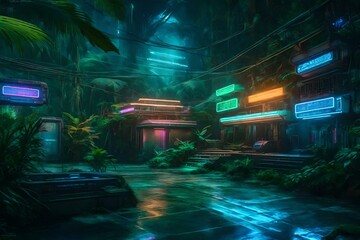 Cyberpunk buildings in the tropical forest, wild jungles with organic housing / Ai Generated wallpaper/background