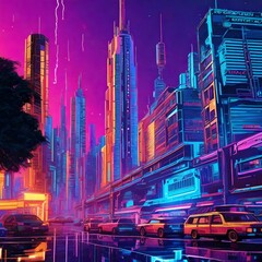 Colorful Cyber Punk / Futuristic City Landscape Ai Generated wallpaper/background
