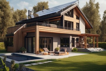 Modern stylish country house with solar panels on the roof