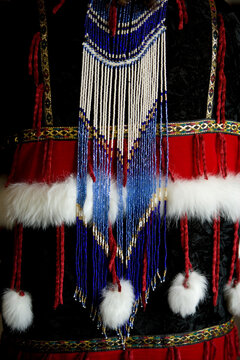 Traditional Native American clothing on display at a visitor's center at Denali National Park and Preserve, Alaska, USA; Alaska, United States of America