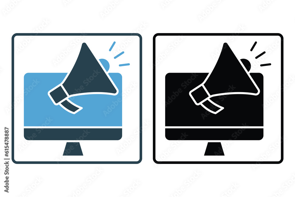 Poster digital marketing icon. monitor screen with megaphone. solid icon style design. simple vector design