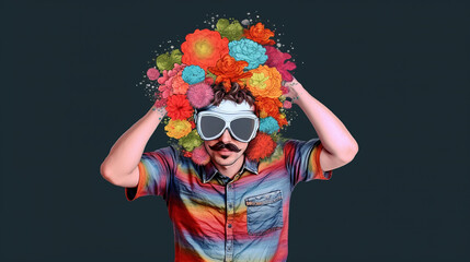 homem cômico com bigode e flores coloridas na cabeça 