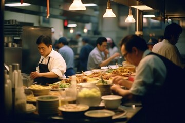 Fototapeta na wymiar Soft-focus photo of the bustle of chefs in a restaurant kitchen. Generative AI
