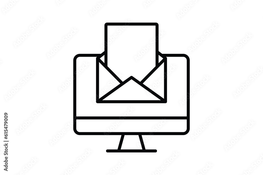 Poster email marketing icon. computer with open letter envelope. icon related to digital marketing. line ic