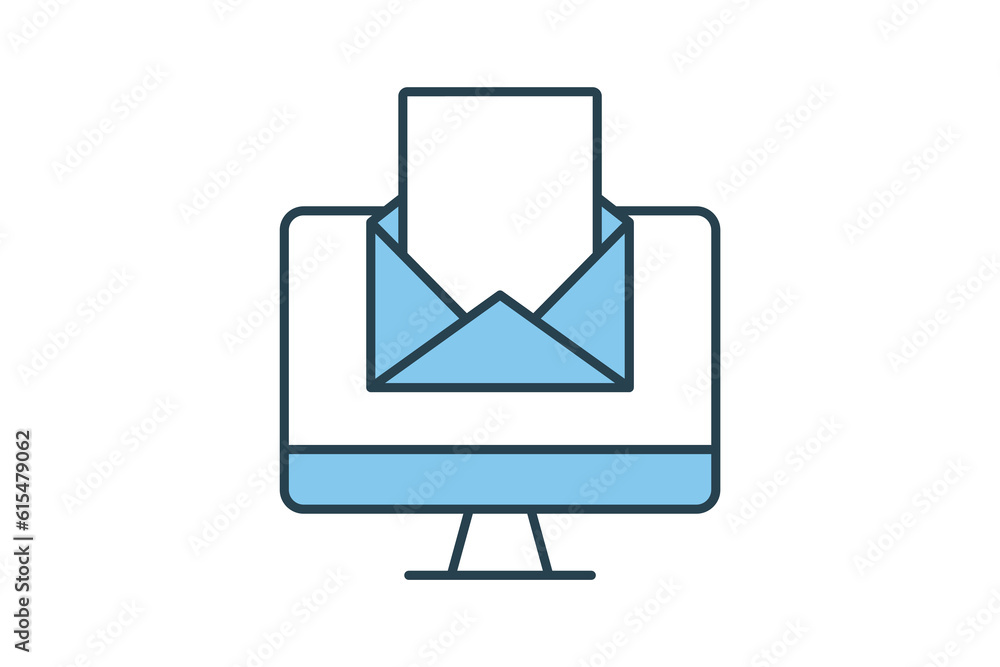 Aufkleber email marketing icon. computer with open letter envelope. icon related to digital marketing. flat li