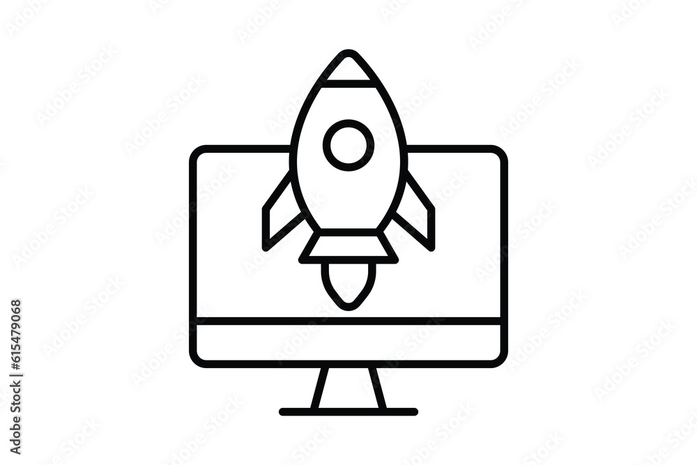 Poster seo icon. rocket start up with computer. icon related to digital marketing. line icon style design. 