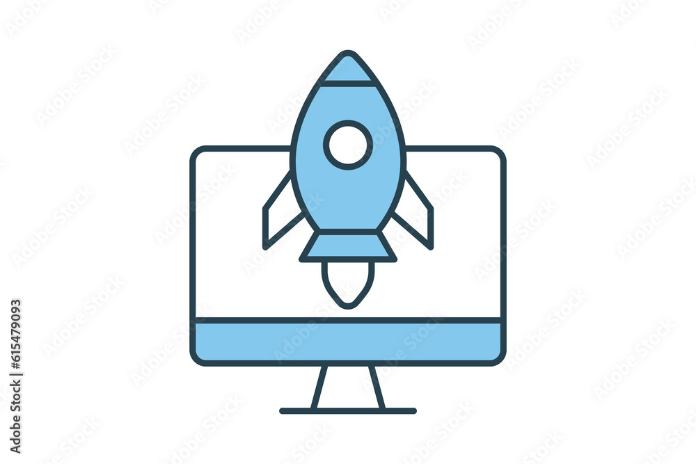 Poster seo icon. rocket start up with computer. icon related to digital marketing. flat line icon style des