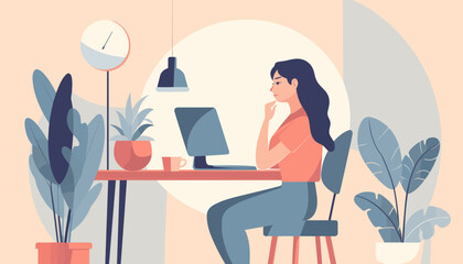 Woman Working at home. Vector flat style illustration. Online career. Young woman freelancer working on computer or laptop at home. Remote work
