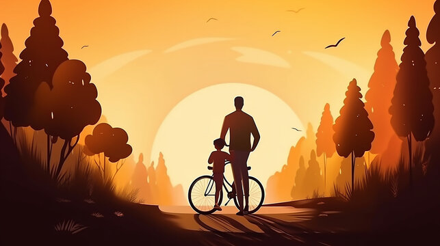 Feliz dia dos pais. Pai ensinando filho a andar de bicicleta. projeto de ilustração vetorial abstrato