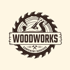 carpentry, woodworking, lumberjack, sawmill service monochrome vector logo template isolated on white background