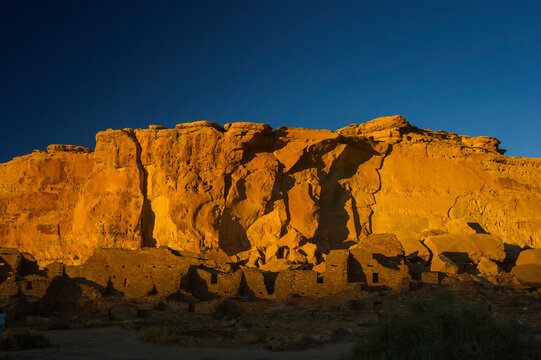 Restored buildings at Pueblo Bonito, Chaco Culture National Historical Park, New Mexico, USA; New Mexico, United States of America