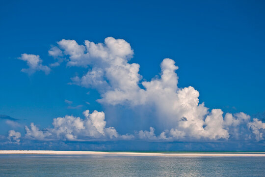 View of a white beach, ocean and sky in the Seychelles; St. Francois Atoll, Alphonse Group, Seychelles
