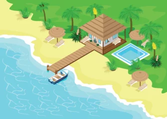 Ingelijste posters Isometric bungalow located on a tropical green beach with sand palm trees and a long pier and a boat moored in the blue beautiful sea. Vector illustration. © Mykhailo
