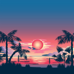 Silhouette of palm trees against the background of the setting sun and the sea. A tropical landscape. Summer vacation. Vector illustration.