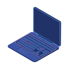 Isometric blue color laptop with burgundy and cyan backlight.vector illustration isolated on white background.