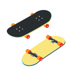 Bright multi-colored isometric skateboard with orange wheels, readings from the bottom and top side. Vector illustration isolated on white background.