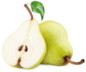 Green yellow pear fruit with pear half and green leaf isolated on transparent background. Full depth of field.