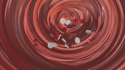 Red and white blood cells flow through veins