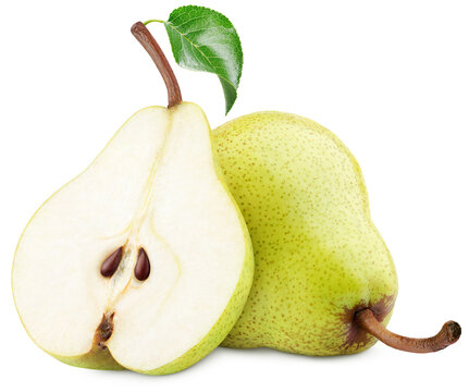 Green yellow pear fruit with pear half and green leaf isolated on transparent background. Full depth of field.