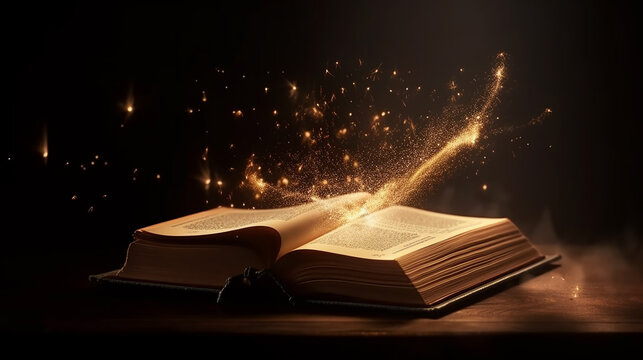Livro mágico lendário ou abertura da bíblia com partículas voadoras