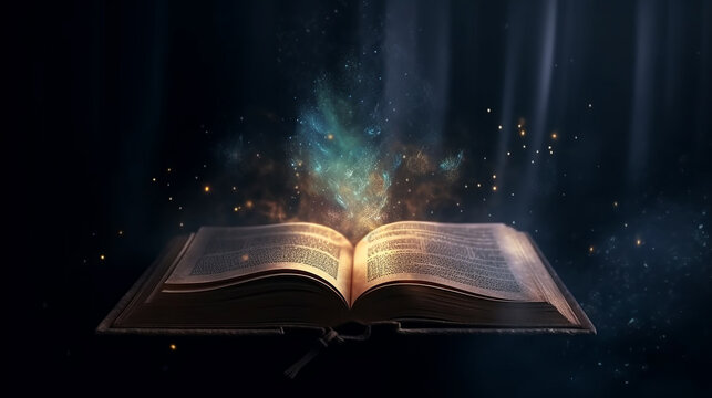 Livro m&aacute;gico lend&aacute;rio ou abertura da B&iacute;blia com part&iacute;culas voadoras de fada