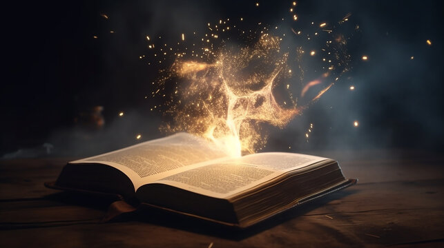 Livro m&aacute;gico lend&aacute;rio ou abertura da B&iacute;blia com part&iacute;culas voadoras de fada
