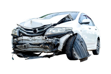 Front and side of white car get damaged by accident on the road. damaged cars after collision....