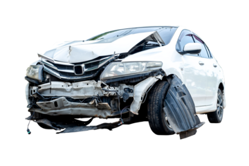 Front and side of white car get damaged by accident on the road. damaged cars after collision. isolated on transparent background, PNG file