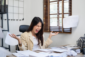 Stressed hysterical woman throwing crumpled paper, tired employee has nervous breakdown,...