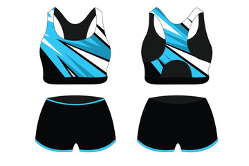 Sport Bra Apparel Specification, front and back view Basic Colors Standard Uniform black and blue template for design. Vector illustration