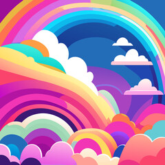 Rainbow background with clouds and rainbow. Vector illustration for your design