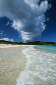 Strip of cumulus clouds follows this receding, tropical shoreline; Culebra Island, Puerto Rico, West Indies