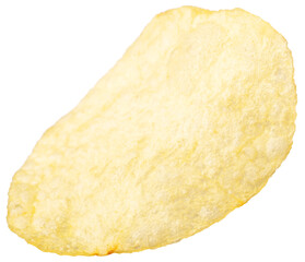 Single potato chip isolated on white background.