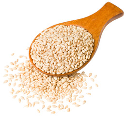 Roast white sesame seeds in the wooden spoon, isolated on white background.