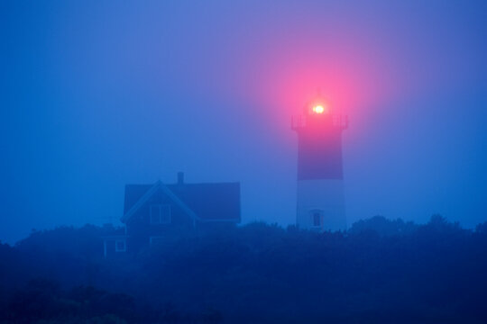 Nauset Light probes the fog, Cape Cod, Massachusetts, USA; Cape Cod, Massachusetts, United States of America